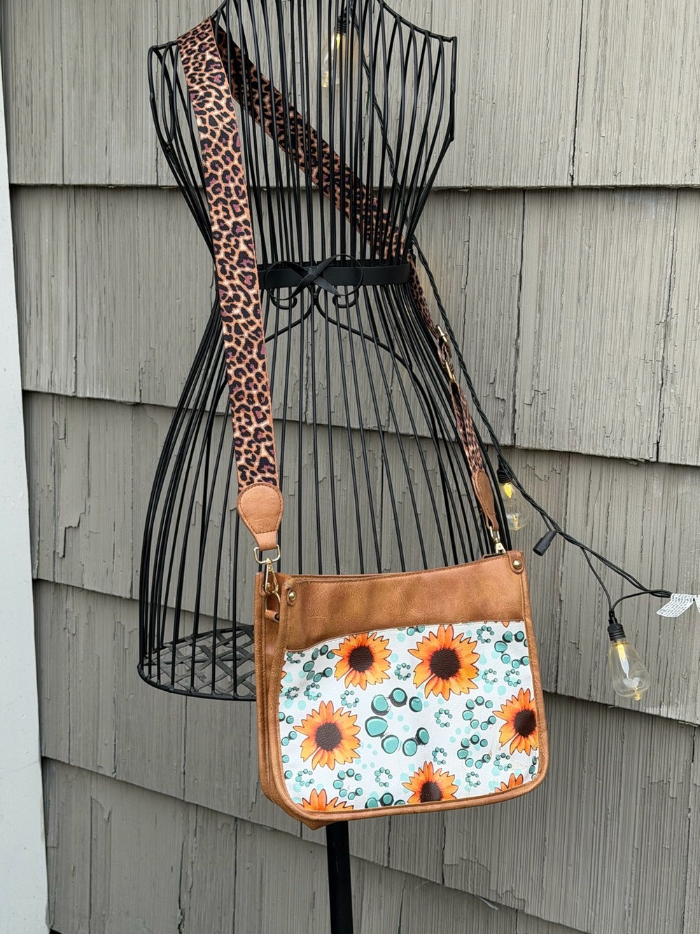Sunflower Print Crossbody Bag with Leopard Strap - Tan